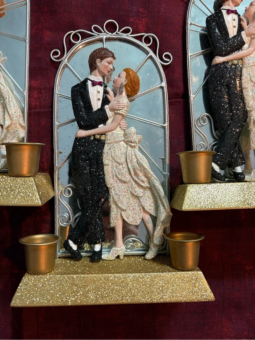 Set of 3 Wedding Bride & Groom Candleholders with Mirrored Backdrop & Gold Base